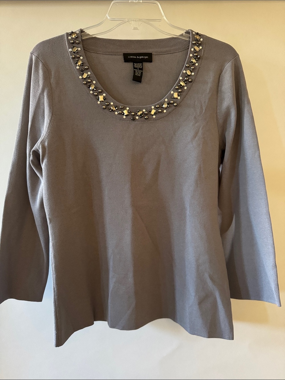 Cable & Gauge Beaded Scoop Neck Long Sleeve Top - Gray